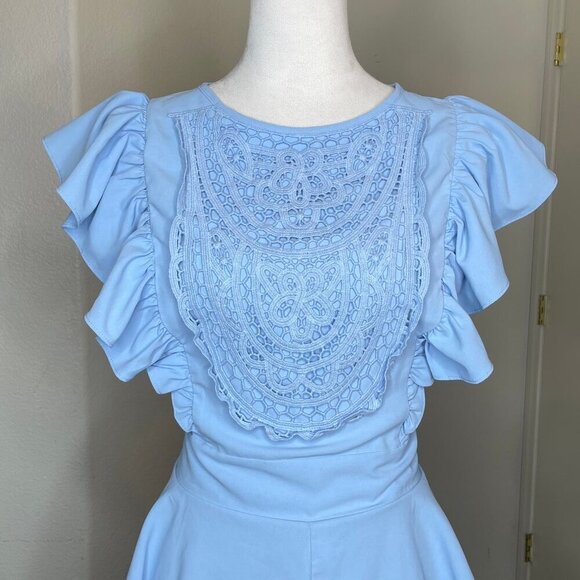 Women's Baby Blue Lace Bust Ruffled Sleeve Layered Hem Romper Waist Tie XXL - Picture 2 of 8